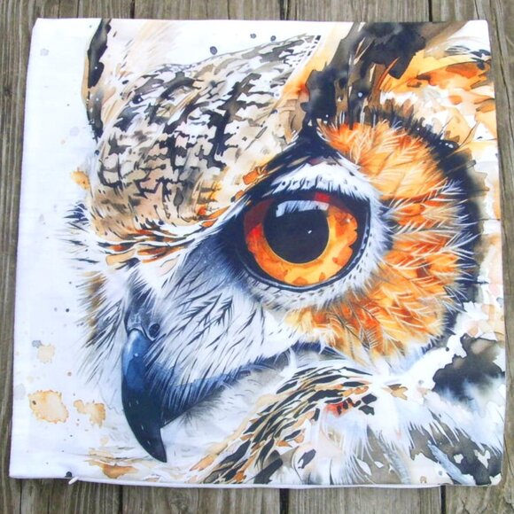 NEW Owl Watercolor Rustic Cabin Wildlife Bird Throw Pillow Cover 17"x17" - Picture 1 of 3